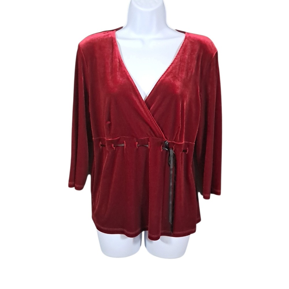 True Vintage 90s/Y2K Velvet Whimsigoth Top Medium Deep V Neck Red Grunge